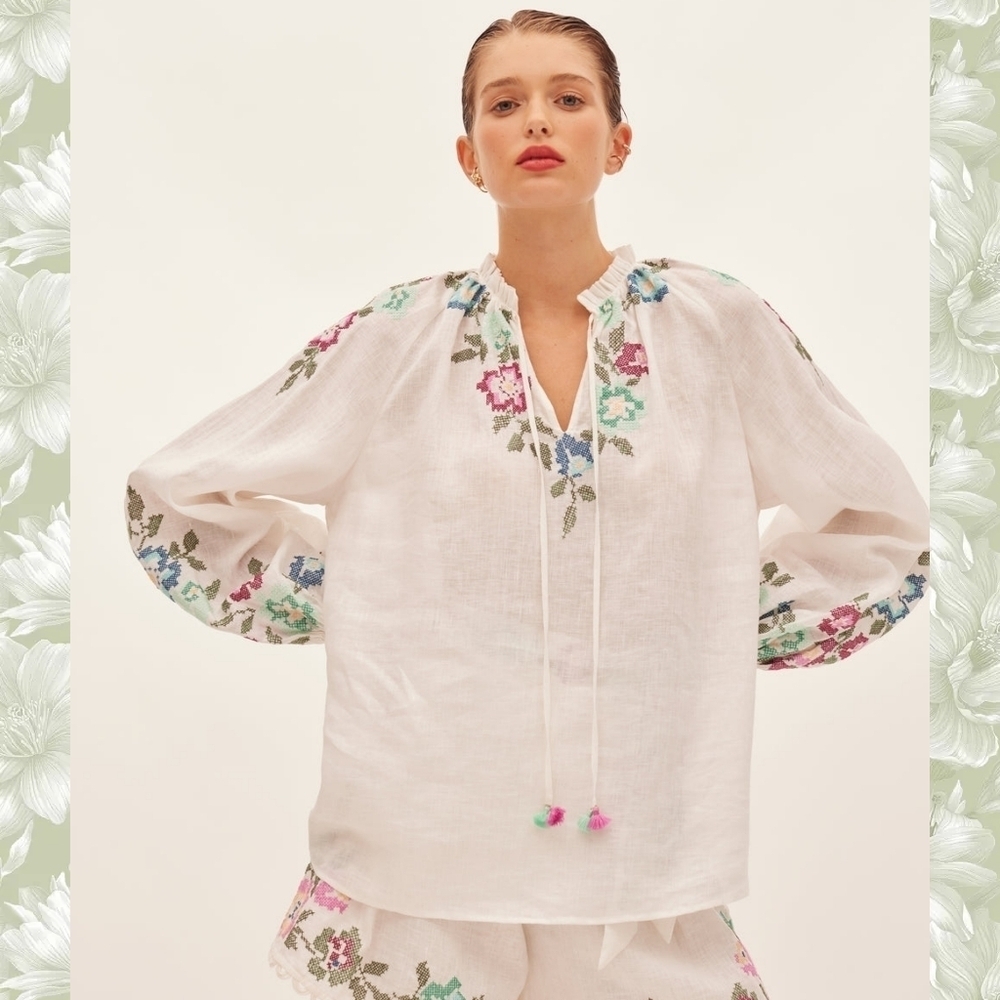 KATIE FORD LINEN ESPARTO TASSEL BLOUSE